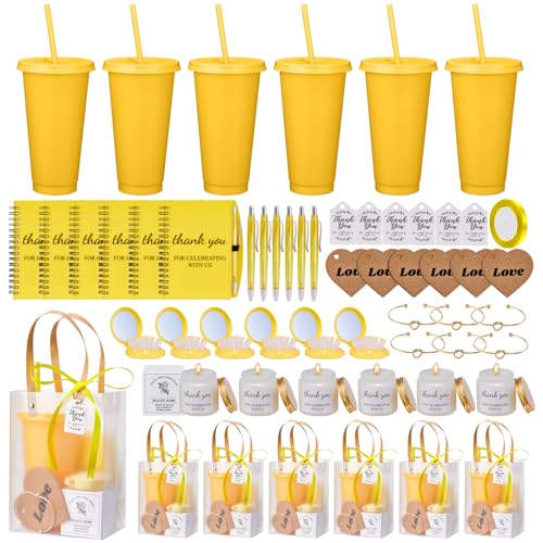 50Pcs Baby Shower Prizes for Game Winners Baby Shower Favors Gifts including Plastic Tumbler Notebook Scented Candles Ballpoint Pen Mirrors with Hair Brushes Bracelet Gift Bag (Yellow)