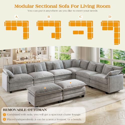 Image of Hanherry Modular Sectional Sofa,Cloud Couch for Living Room,Modern Deep Seat Sofa Chenille Fabric Comfy Couches with Throw Pillows & Movable Ottoman for Apartment