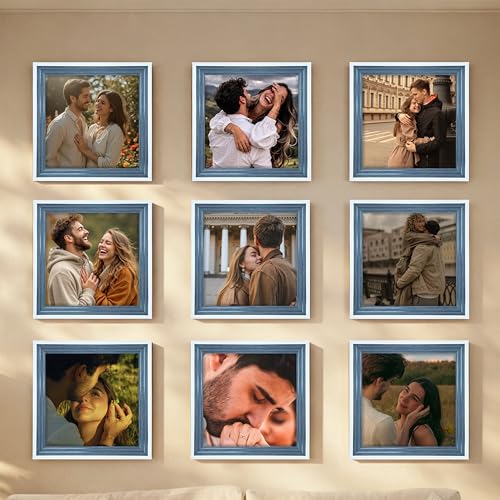 Image of Art Street Luxury Photo Frame for living room, Modern Step Design Photo Frames for Photograph, Art Work, Kids Room Set of 9 (8x8 Inch, Blue)