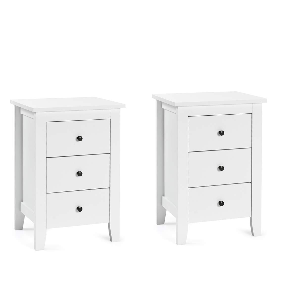 Giantex Nightstand with 3 Drawers Set of 2, Wooden Side Table w/Solid Wood Legs & Storage Cabinet, Bedside Accent Sofa Table for Bedroom Small Space, White
