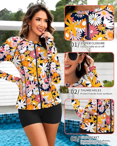 Soneven Women Long Sleeve Rash Guard Sets Two Piece Swimsuit with Shorts UPF 50+ Bathing Suit Full Zip Swim Shirt4