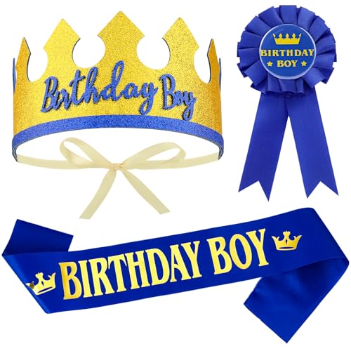 ViEinkaufen 3pcs Blue Birthday Boy Sash Adjustable Crown Hat with Badge for Birthday Boy Teens Men Party Supplies
