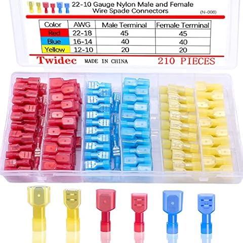Twidec/210PCS Nylon Spade Connectors Kit 22-10 Gauge Male and Female Wire Spade Terminal Quick Disconnect Fully Insulated Wire Crimp Connector for Automotive Marine Cover