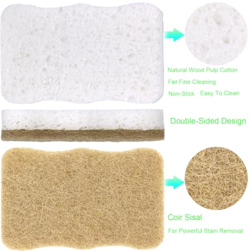 Image of Natural Sisal & Wood Pulp Sponge Scrubber - Eco-Friendly, Biodegradable Kitchen Sponge - Dual-Sided Coconut Fiber & Cellulose Scrubber for Dishwashing & Household Cleaning (Light Brown - 6pcs)
