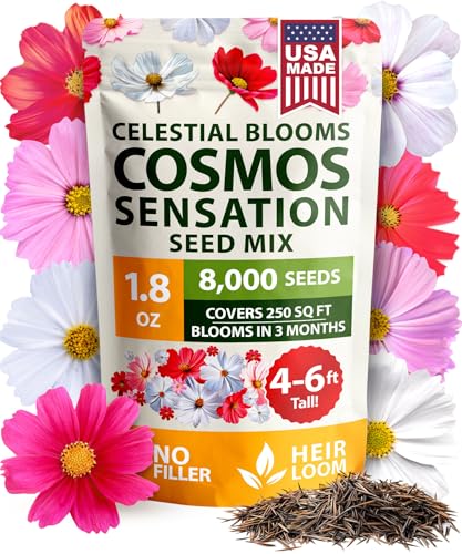 HOME GROWN Cosmos Flower Bulk Pack (1.8 oz) – 8,000 𝗡𝗢𝗡-𝗚𝗠𝗢 𝗨𝗦𝗔-𝗦𝗢𝗨𝗥𝗖𝗘𝗗 Heirloom Annual Wildflowers – Pollinator-Friendly Mix for Butterflies, Bees & Outdoor Cottage Gardens