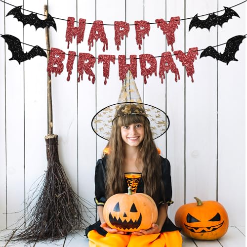 Image of Halloween Red Glitter Happy Birthday Banner Halloween Horror Zombie Birthday Banner Bloody Horror Movie Themed Birthday Photo Backdrop for Wall Home Mantle Office Wall Scary Party Supplies
