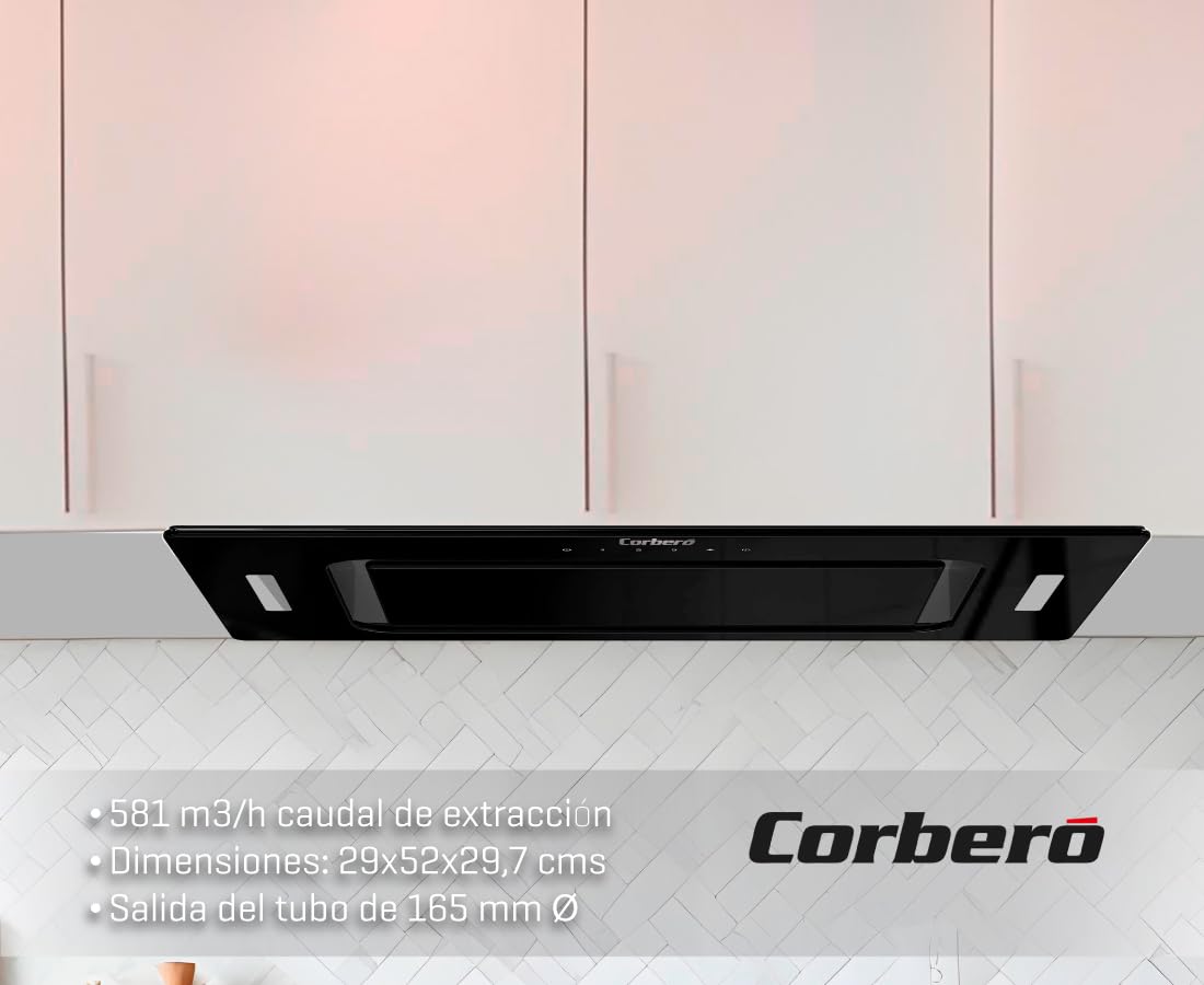 Corberó - Campana Extractora Grupo filtrante 52cm | MAURICIO5275B | 581 m3/h | 68db| 233W| Control Touch | 3 Velocidades | Luz LED | Filtros Aluminio y Carbón | Cristal Negro