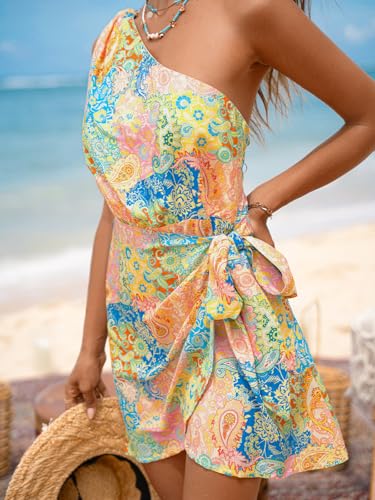 Image of CUPSHE Women's One Shoulder Leaf Print Self-tie Short Dress Sleeveless Tiered Hem Formal Dress Casual Mini Dress