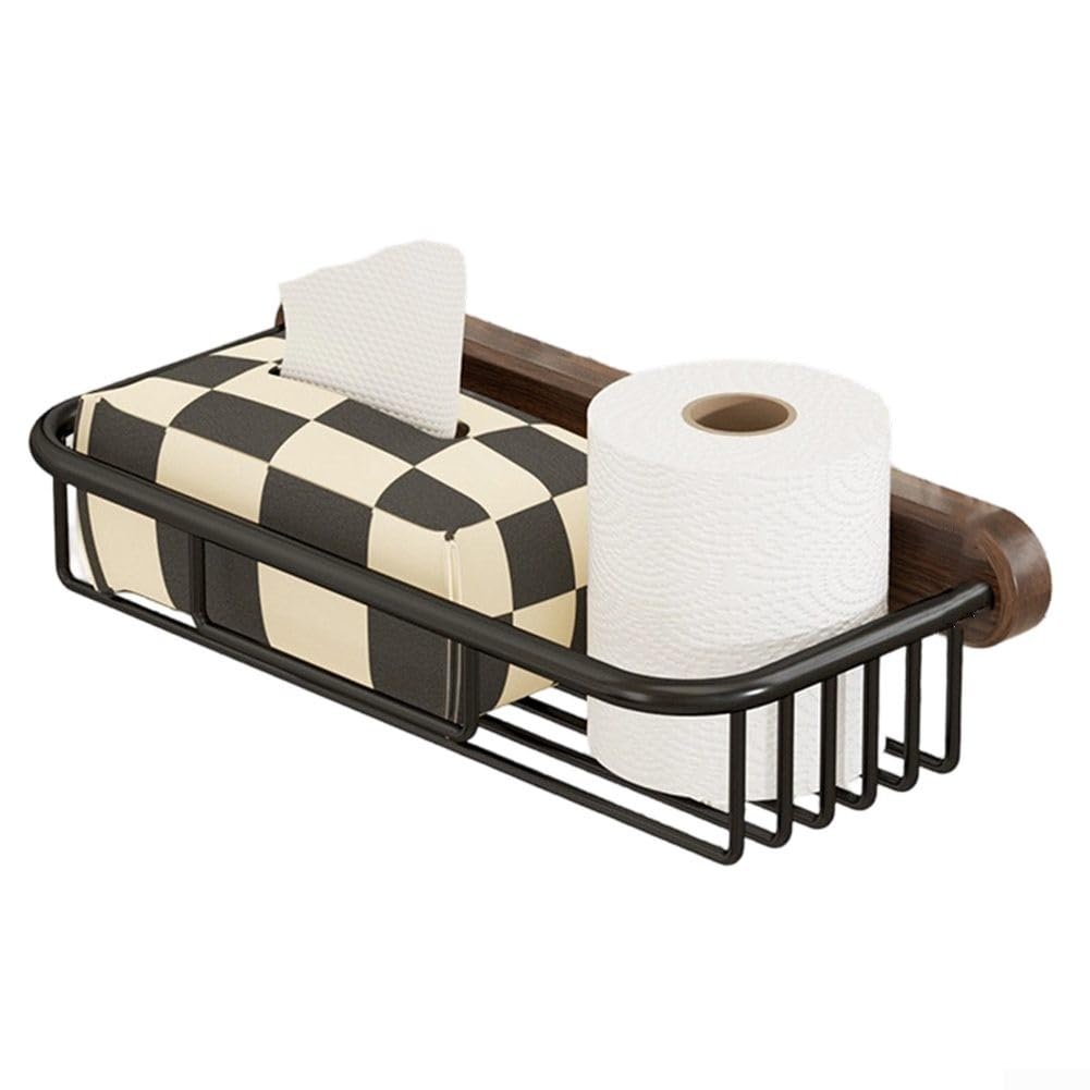 LMYSXAOZ Walnut Wood Tissue Box with Aluminum Reinforced Frame for Bathroom Use No-Drill Mounting Toilet Paper Dispenser and Towel Rack Combination (C)