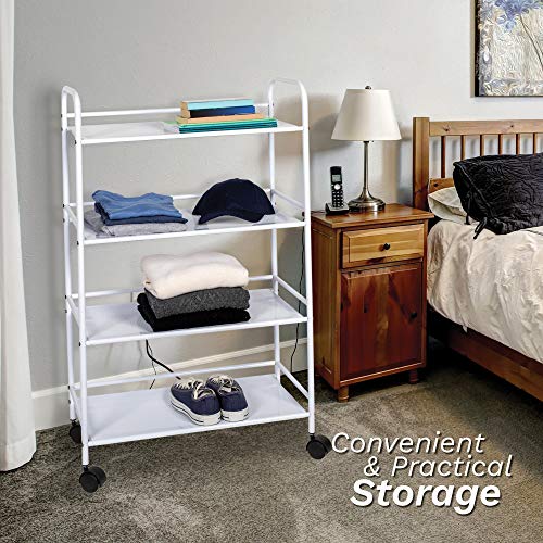 Richards Homewares RollingCart White Shelves with Wheels with Heavy Duty Metal Frame Supports 30 lbs per Tier - Utility Storage Carts Organizer with 4Shelves, 4