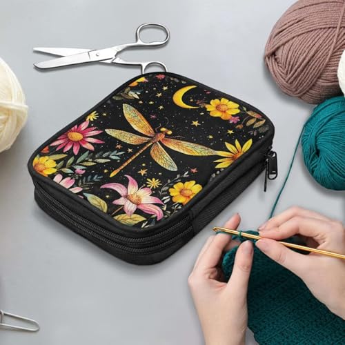 Image of Dragonfly Crochet Hook Case Lightweight Floral Crochet Organizers and Storage Soft for Travel Outdoors Home Easy to Wash