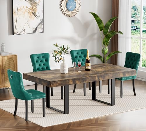 Image of Rustic Brown Dining Room Table Set for 4, 5-Piece 63 inch-78.74 inch Extendable Dining Table Set with 4 Upholstered Chairs, Rectangle Wooden Expanding Kitchen Table and Green Chairs Set