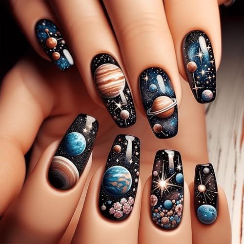 Medium Press on Nails Black Coffin Fake Nails with Full Cover Reusable Glue on Nails Glossy Planet Designs Medium Length Ballet Acrylic Stick on Nails for Women Girls 24Pcs