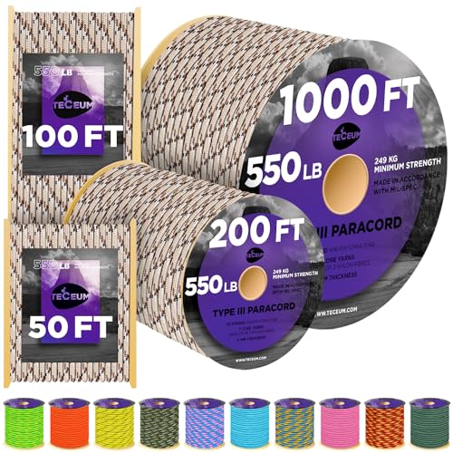 Image of TECEUM Reflective Paracord Rope 1000 - 1000ft /200ft /100ft /50ft - 40+ Colors - Glow in the Dark - para Cord - Utility Rope for Survival, Hunting & Camping Gear - Nylon String, Camping Rope, Tent Cord