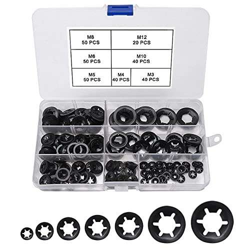 VooGenzek 290 Pièces Rondelles de Verrouillage Rapide, Starlock Rondelles, Rondelles De Blocage, Rondelles À Verrouillage Rapide Vitesse Rondelles Clips Fixations, 7 Tailles M3 M4 M5 M6 M8 M10 M12