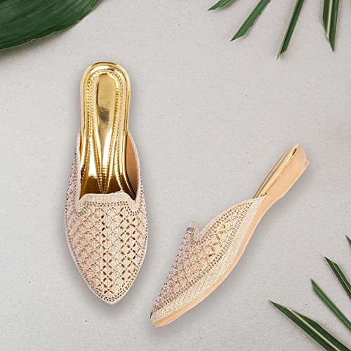 Image of Bellies for Women |Slip on Juttis Soft Padded |Stonework Mules for Ladies| Sparkling Upper |Back Open Casual Flats| Stylish Footwear Sandals for Ladies|Punjabi Mojari Half Shoes