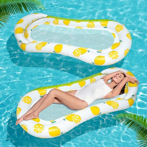 Image of Inflatable Pool Float Lounger with Lemon Pattern, Mesh Cooling Bed, White and Yellow Lemon Design (1 Pcs.)