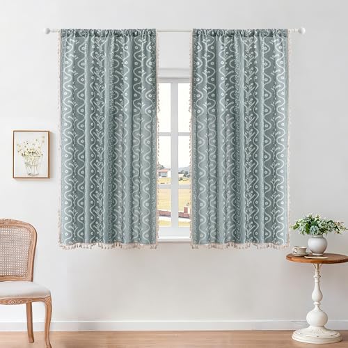 Image of Boho Curtains 63 Inch Long for Living Room, Bedroom, 2 Panels Floral Farmhouse Vintage Tassel Semi Sheer Light Filtering Privacy Window Curtain Drapes with Rod Pocket,Gray
