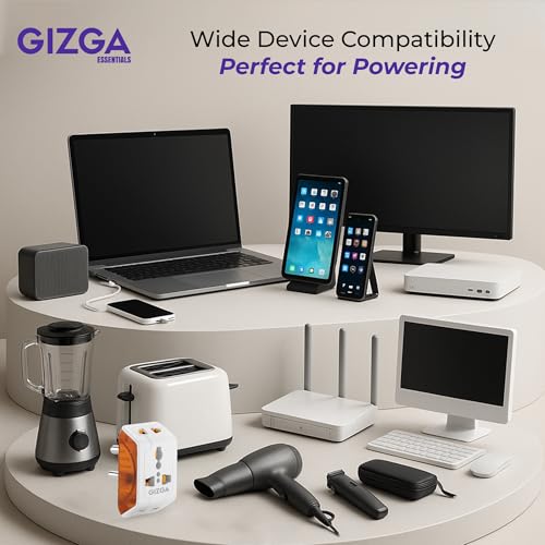 Image of Gizga Essentials 3 Pin Multi Plug Socket | Universal Travel Adaptor with Multiple Charging Ports, 6A Support, Compact Design | for Laptop, Smartphone, Hair Dryer, Iron