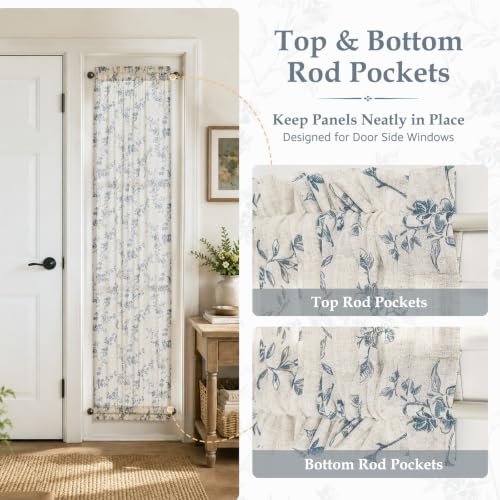 Image of jinchan Blue Linen Floral French Door Curtains 72 Inch Rod Pocket 2 Panels