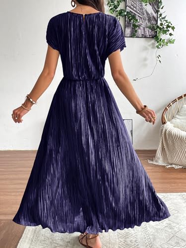Image of CCTOO Womens Summer Maxi Dresses: Casual Short Sleeve Crewneck Slit Sundress Ruffle Pleated Long Flowy Party Cocktail Dress