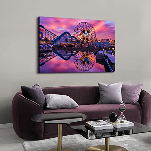 Image of Disney Ferris Wheel Canvas Wall Art Sunset Disneyland Skyline Wall Decor 32x48 inch, Large Mickey Castle Park Landscape Panoramic Pictures Paintings Artwork for Living Room Bedroom Office Home Decoration