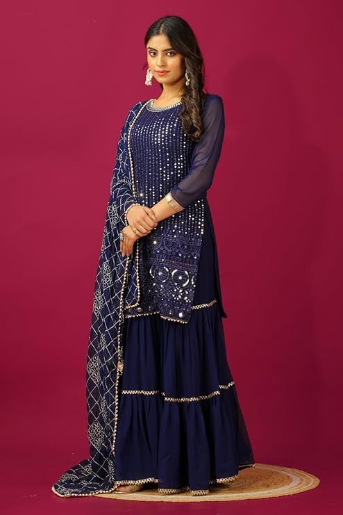 Image of Women's Designer Chinon Silk Sharara Suit Set, Sequence Embroidery Kurti with Tiered Sharara and Dupatta