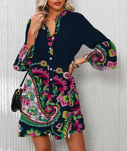 Image of Opemiby Summer Dresses for Women 2026 Flowy Ruffle 3 /4 Sleeve V Neck Tiered Casual Babydoll Boho Beach Mini Dress