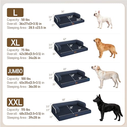 Image of Comfort Expression Washable Orthopedic Dog Bed for Extra Large Sized Dogs | Waterproof Memory Foam Pet Bed 45x35 Inch with Removable Cover with Non-Slip & Bolster, Navy Blue