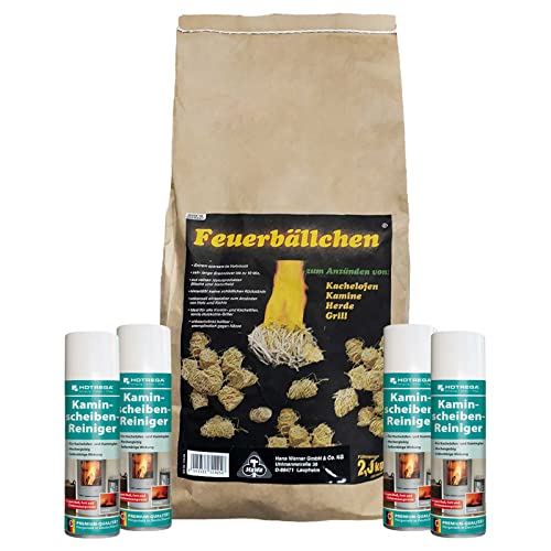 Preisvergleich Produktbild HOTREGA Kaminscheiben Reiniger + Feueranzünder, Hochleistungs-Aktivschaum-Reiniger für Glas, Kunststoffe, Metalle (4x 300ml, Feueranzünder 2,5kg)