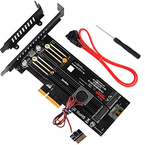 Speedbyte PCIe Nvme Adapter, M.2 NVME SSD (M Key) or M.2 SATA SSD (B Key) 22110 2280 2260 2242 2230 to PCI-e 3.0 x4 Host Controller Expansion Card with SSD Fan Cooler Heatsink for PC Desktop,Black