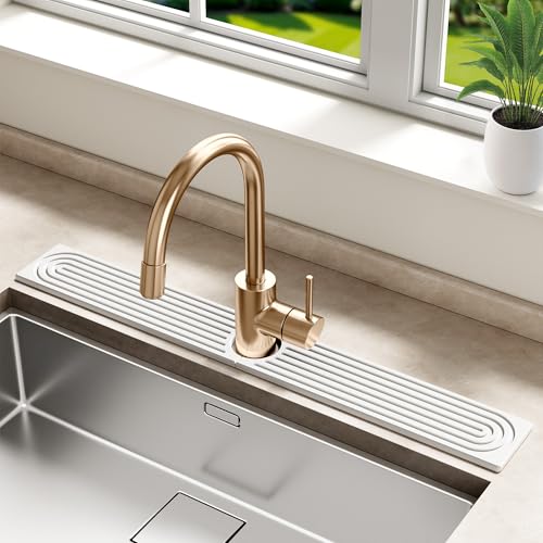 MAGKOTA Stone Faucet Mat for Kitchen Sink - Quick Dry Diatomite Sink Splash Guard Prevents Moisture Buildup & Water Stains Water Absorbing Stone Tray for Bathroom Countertop (White 30 x 4)