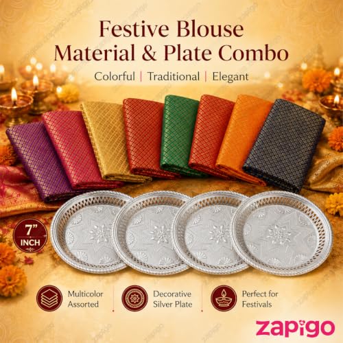 Image of Habba Blouse Piece with Decorative Silver Plate, Silk Blend Fabric & Reusable Pooja Plate, Traditional Haldi Kumkum Return Gift for Diwali, Navratri, Varalakshmi Vratham, Wedding - Pack of 5