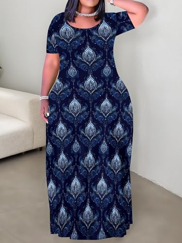 Image of PinkPatty Plus Size Dress for Women Casual Crew Neck Short Sleeve Maxi Dress Oversized Summer Beach Dresses with Pockets