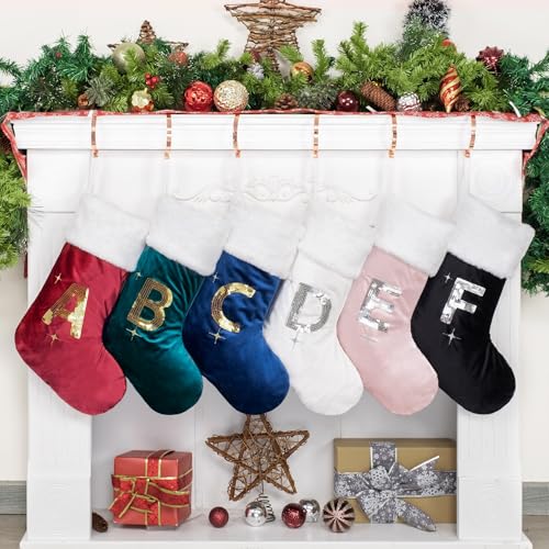 BHD BEAUTY Meias de Natal Iniciais Veludo Azul Lantejoulas Douradas Pele Sintética Macia 50 cm Borda