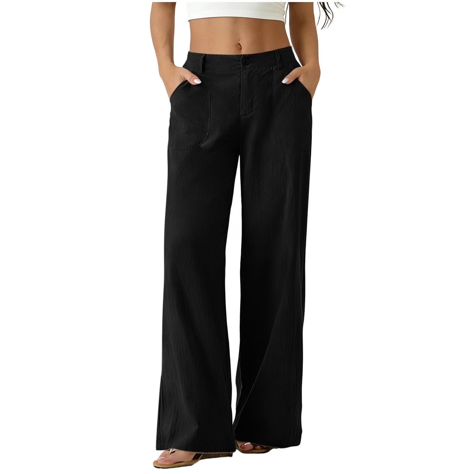 Pantaloni Donna Estivi in Cotone e Lino Eleganti Elastico Vita Alta Pantaloni Lino Donna Larghi Curvy Leggeri e Comodi a Gamba Larga Casual Yoga Pantalone Gamba Dritta con Tasche per Business Ufficio