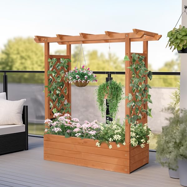 Teak Color Raised Garden Bed with Arched Trellis, 43.5x17.5x44.5 Inch Elevated Wood Planter Box for Climbing Vegetables, Outdoor Gardening Decor Arched Planter Container Grow Box Planter