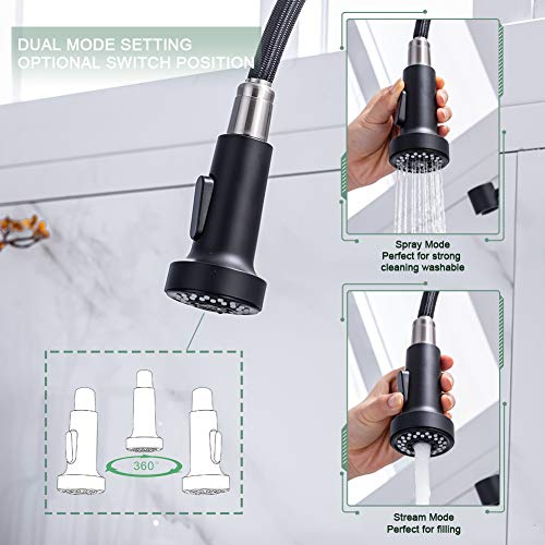 Kitchen Faucet, Kitchen Faucets with Pull Down Sprayer WEWE Sus304 Stainless Steel Matte Black Industrial Single Handle One Hole Or 3 Hole Faucet for Farmhouse Camper Laundry Utility Rv Wet Bar Sinks
