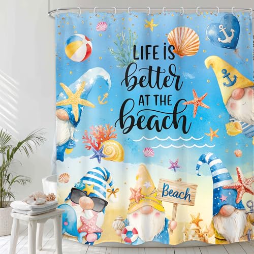 LGhtyro Summer Ocean Gnomes Shower Curtain Bathroom Set 60Wx71H Inches Sea Beach Starfish Country Cute Kids Coastal Seashell Coral Starfish Bath Accessories Hawaii Art Home Decor Fabric 12 Pack Hooks