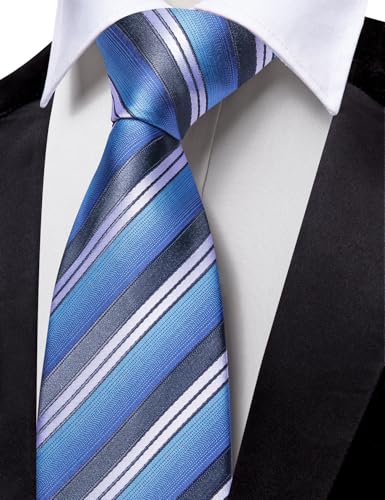 Image of Barry.Wang Silk Men Ties Formal Stripes Necktie and Tie Clip for Wedding Party Business Fashion Classic