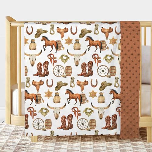 Image of Western Cowboy Baby Blanket for Boys, Horse Theme Toddler Soft Minky Blanket with Double Layer Dotted Backing, Nursery Newborn Baby Crib Receiving My First Rodeo, 30 inchx40 inch