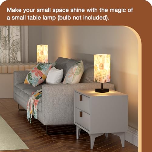 Image of aooshine Small Bedside Table Lamp for Bedroom - Square Floral Fabric Shade | Inline Rocker Switch, Corded Electric, Bulb Not Included, 12.8 inch Mini Table Lamp for Nightstand, Desk, Dorm, Office