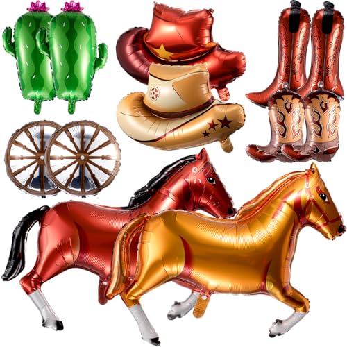 Image of VioraWhite 12 Pcs Western Balloons Foil Horse Racing Rodeo Horseshoe Cowboy Cowgirl Boots Hat Cactus Wagon Wheel Brown Balloons for Summer VBS First Rodeo Birthday Wild Western Horse Party Decorations