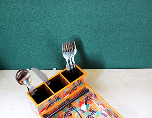 Image of Monstera Hut Tangerine Twist 4 Compartment Modern MDF Wooden Cutlery Holder Spoon, Knife, Fork, Caddy Self Organizer Home Kitchen Dining Cum Cutlery Holder(10x7.5x4 Inches) | 25x19x10cm