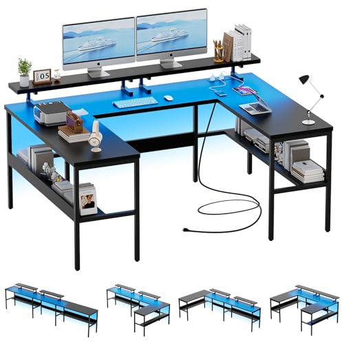 Customizable U and L Shaped Office Desk with Monitor Stand, RGB Lights, and Power Outlets