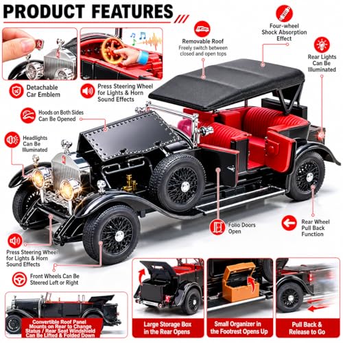 Image of Magicwand 1925 Convertible Vintage Classic Car Model, 1:24 Scale Rollls Roycce Phantom I, Die-Cast Metal, 8.66 x 3.27 inch, Lights & Sound, with Openable Doors,Hood & Removable Roof ⦗Random Color⦘