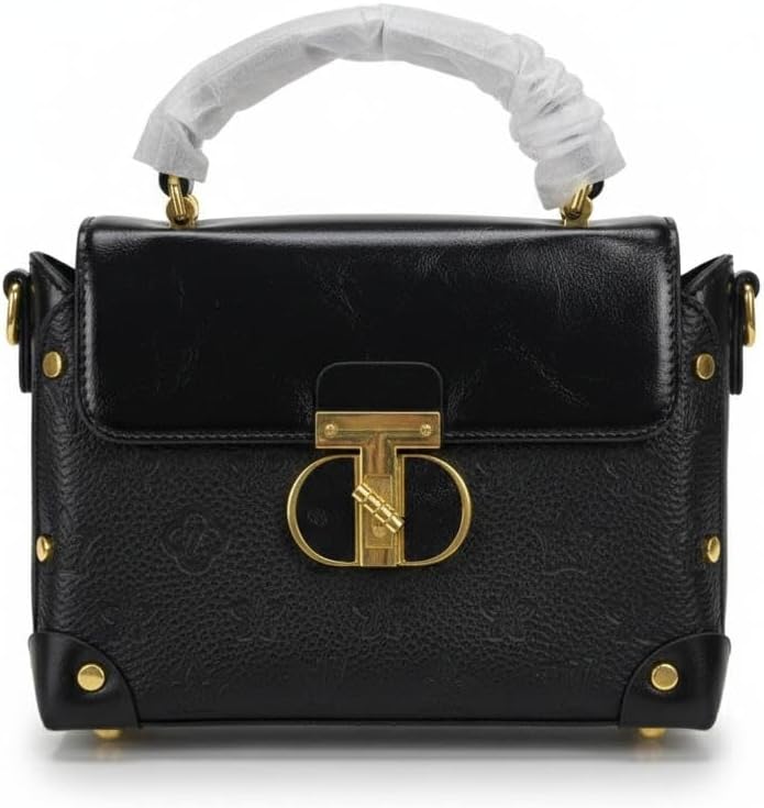 Leather Top Handle Bag, Black with Gold Hardware, Structured Satchel Style, Crossbody Handbag