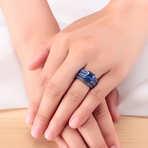 Castillna Black Sterling Silver Princess Cut Created Blue Sapphire Engagement Wedding Bridal Rings Set4