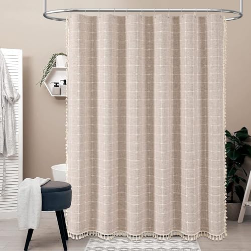 Image of BTTN Stall Shower Curtain - 60x84 Long Boho Farmhouse Linen Weighted Fabric Cloth Shower Curtain Set with 10 Plastic Hooks, Narrow Bohemian Country Decorative Shower Curtains for Bathroom - Taupe /Tan