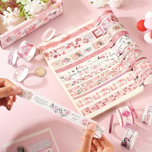 Image of HASTHIP 20 Rolls Washi Tape Set in 5 Sizes, Pink Floral Vintage Decorative Masking Tape for Scrapbooking, Journaling, Planners, DIY Crafts & Art Projects, 6.6ft Per Roll